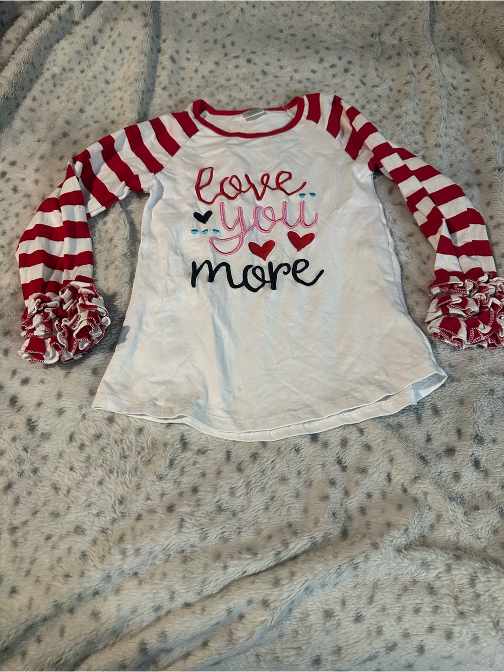 Girls' White Long-Sleeve 'Love You More' Top with Red Striped Ruffle Sleeves